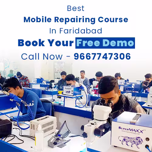 Students learning smartphone repair techniques during a mobile repairing course in Faridabad classroom
